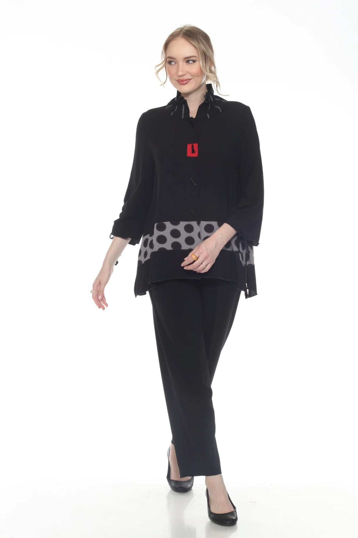 MOONLIGHT Black & Gray Dot Split Print Red Accent Button Front Jacket - 2868