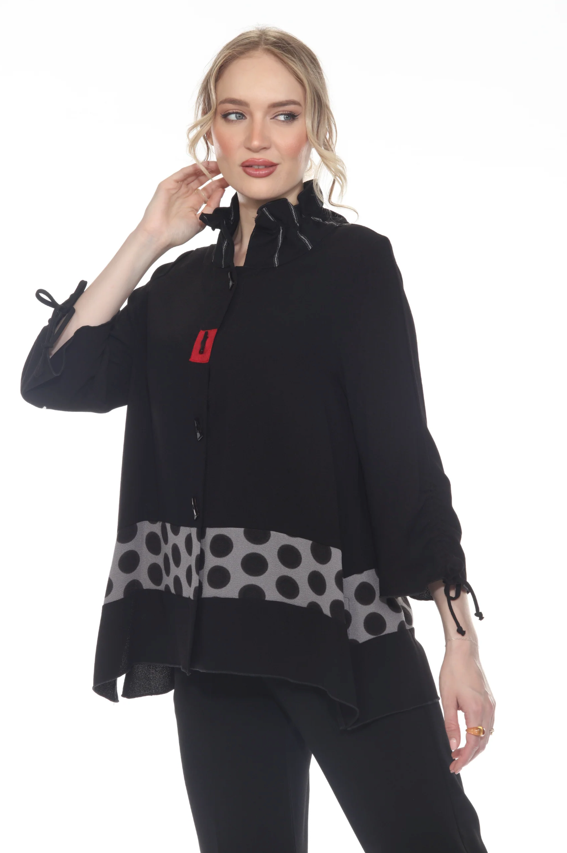 MOONLIGHT Black & Gray Dot Split Print Red Accent Button Front Jacket - 2868