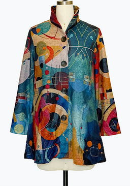 DAMEE ABSTRACT MULTI COLORED GEOMETRIC LONG BUTTON DOWN COLLARED JACKET - 5094 - MULTI