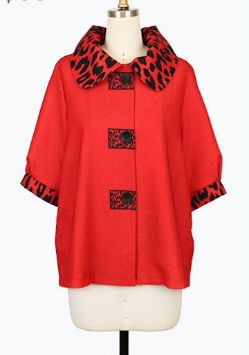 DAMEE BLACK AND RED ANIMAL PRINT LONG BUTTON DOWN COLLARED JACKET - 5130 - RED