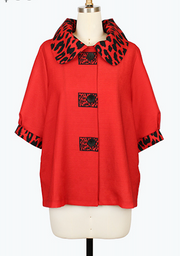 DAMEE BLACK AND RED ANIMAL PRINT LONG BUTTON DOWN COLLARED JACKET - 5130 - RED