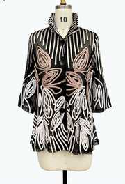 DAMEE BLACK, WHITE, AND PINK SOUTACHE BUTTON DOWN COLLARED JACKET - 2476 - PINK