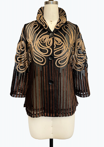 DAMEE GOLD AND BLACK MESH SOUTACHE BUTTON DOWN COLLARED JACKET - 2499 - BROWN