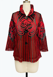 DAMEE RED AND BLACK MESH SOUTACHE BUTTON DOWN COLLARED JACKET - 2499 - RED