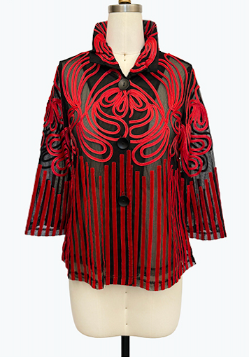 DAMEE RED AND BLACK MESH SOUTACHE BUTTON DOWN COLLARED JACKET - 2499 - RED