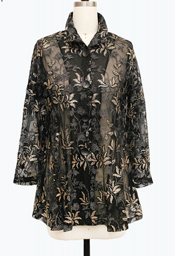 DAMEE BLACK AND BRONZE MESH FLORAL SPECIAL OCCASION BUTTON DOWN COLLARED JACKET - 2497 - BRONZE