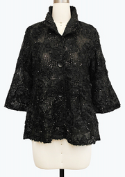 DAMEE BLACK FLORAL SEQUIN SPECIAL OCCASION BUTTON DOWN COLLARED JACKET - 2501 - BLACK