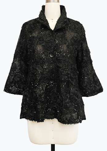 DAMEE BLACK FLORAL SEQUIN SPECIAL OCCASION BUTTON DOWN COLLARED JACKET - 2501 - BLACK