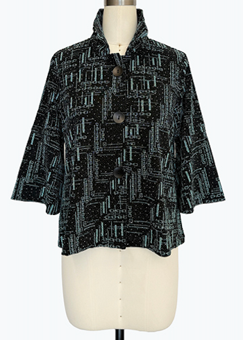 DAMEE BLACK AND AQUA GEOMETRIC SPECIAL OCCASION BUTTON DOWN COLLARED JACKET JACKET - 5103 - AQUA