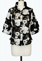 DAMEE BLACK AND WHITE FLORAL SPECIAL OCCASION BUTTON DOWN COLLARED JACKET - 7125 - BLACK