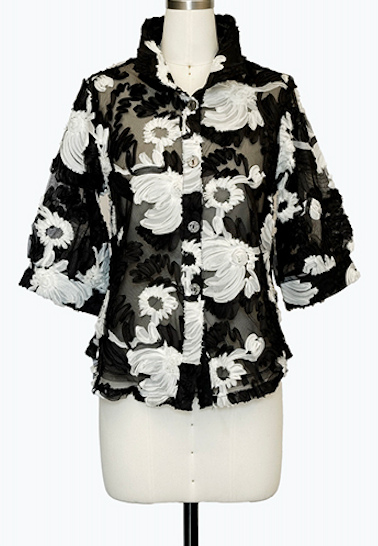 DAMEE BLACK AND WHITE FLORAL SPECIAL OCCASION BUTTON DOWN COLLARED JACKET - 7125 - BLACK