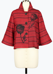 DAMEE RED FLORAL STRIPED SHORT BUTTON DOWN COLLARED JACKET - 5139 - RED