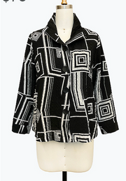 DAMEE BLACK AND WHITE GEOMETRIC LONG SLEEVES COLLAR TOP - 5191 - WHITE