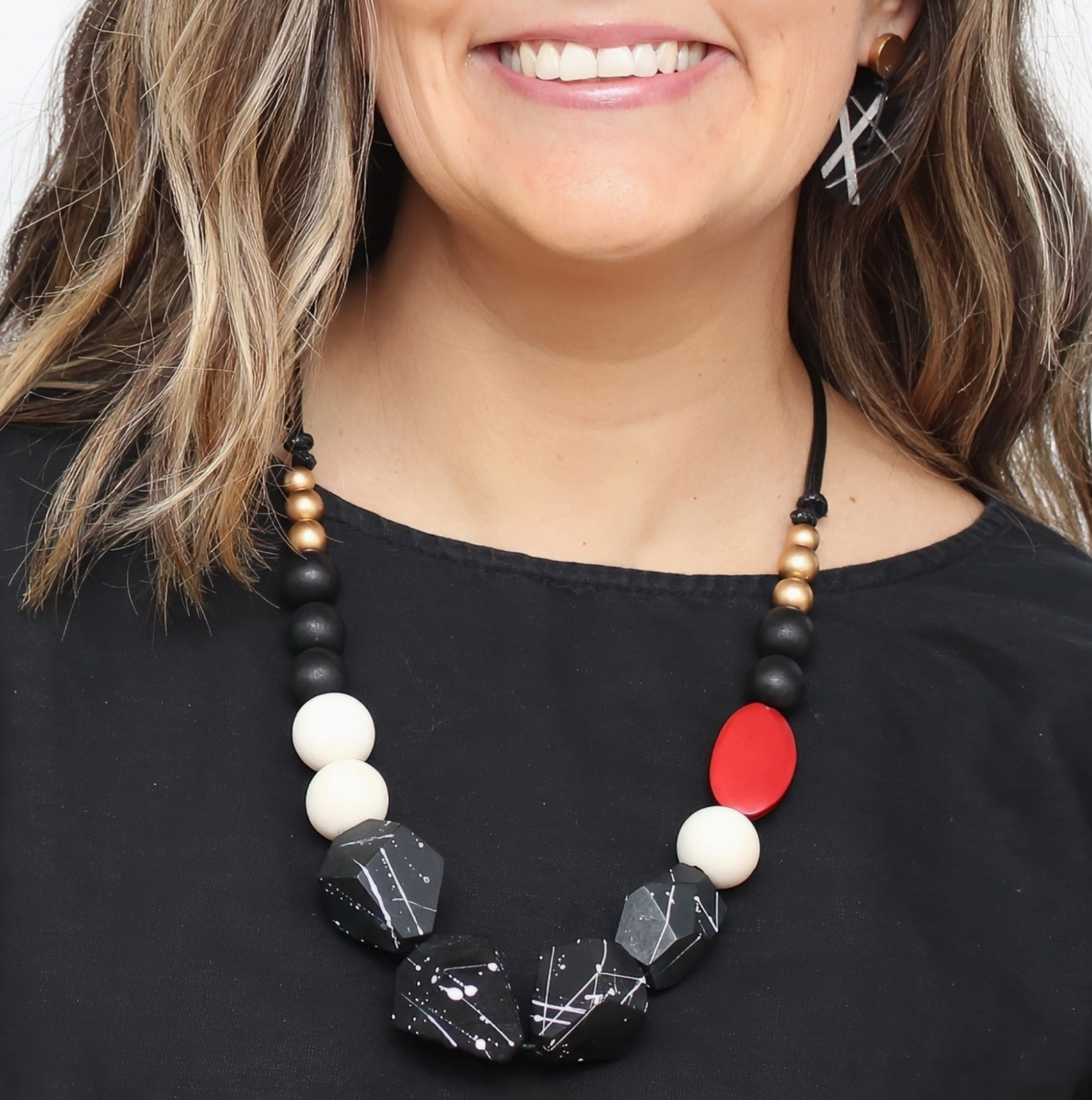 SYLCA Caroline Red and Black Chunky Wooden Necklace