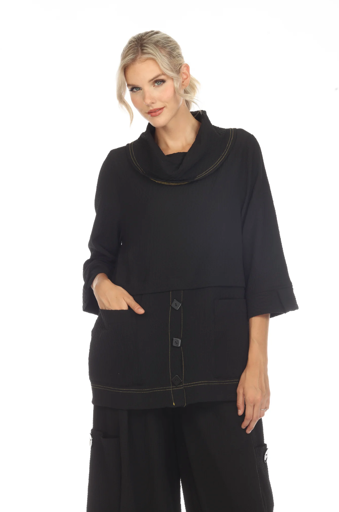MOONLIGHT Black Cowl Neck Button Pocket Blouse - 3573