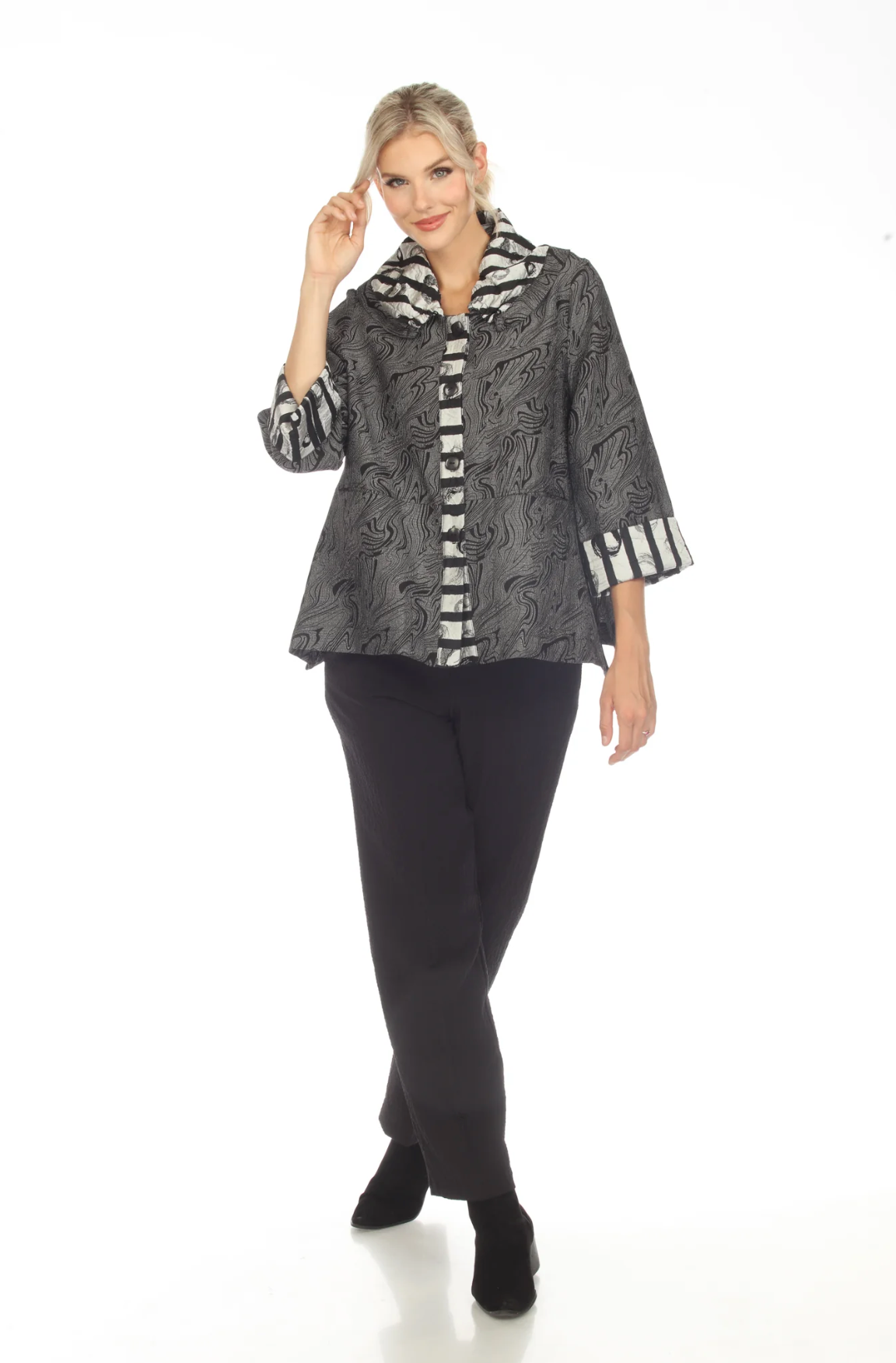 MOONLIGHT Grey Mixed Media Stripe Collared Jacket - 3596TAF - GREY