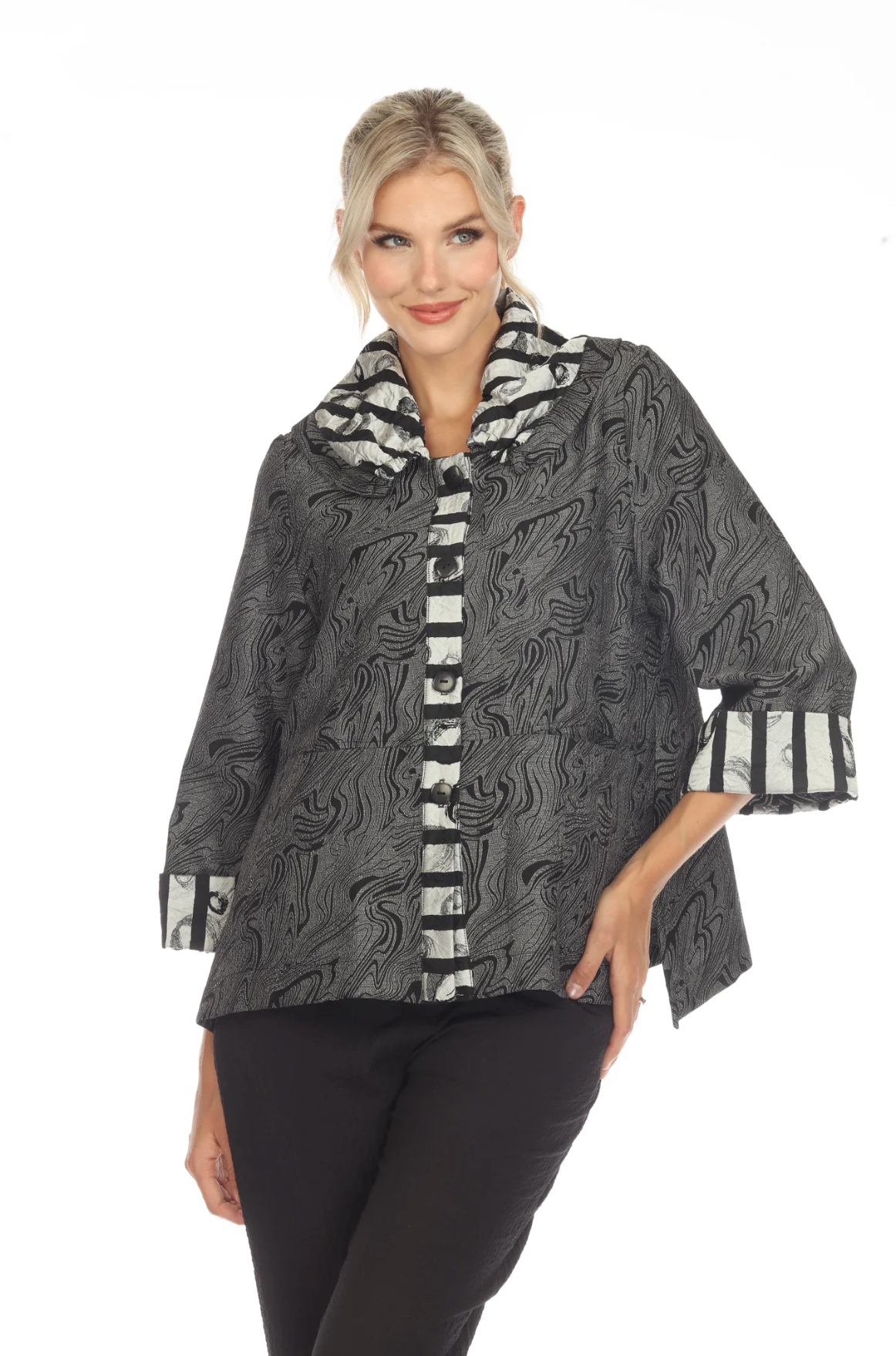 MOONLIGHT Grey Mixed Media Stripe Collared Jacket - 3596TAF - GREY