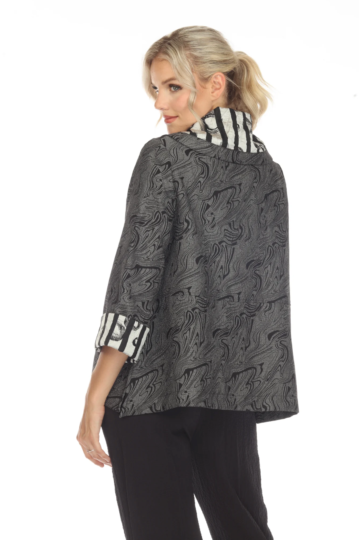 MOONLIGHT Grey Mixed Media Stripe Collared Jacket - 3596TAF - GREY