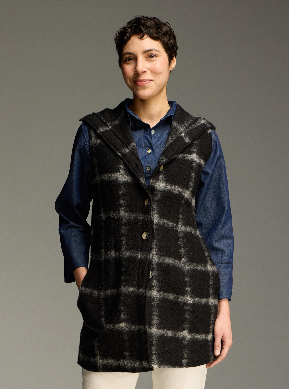 CUT LOOSE Plaid Boiled Wool Hooded Vest - 3715724