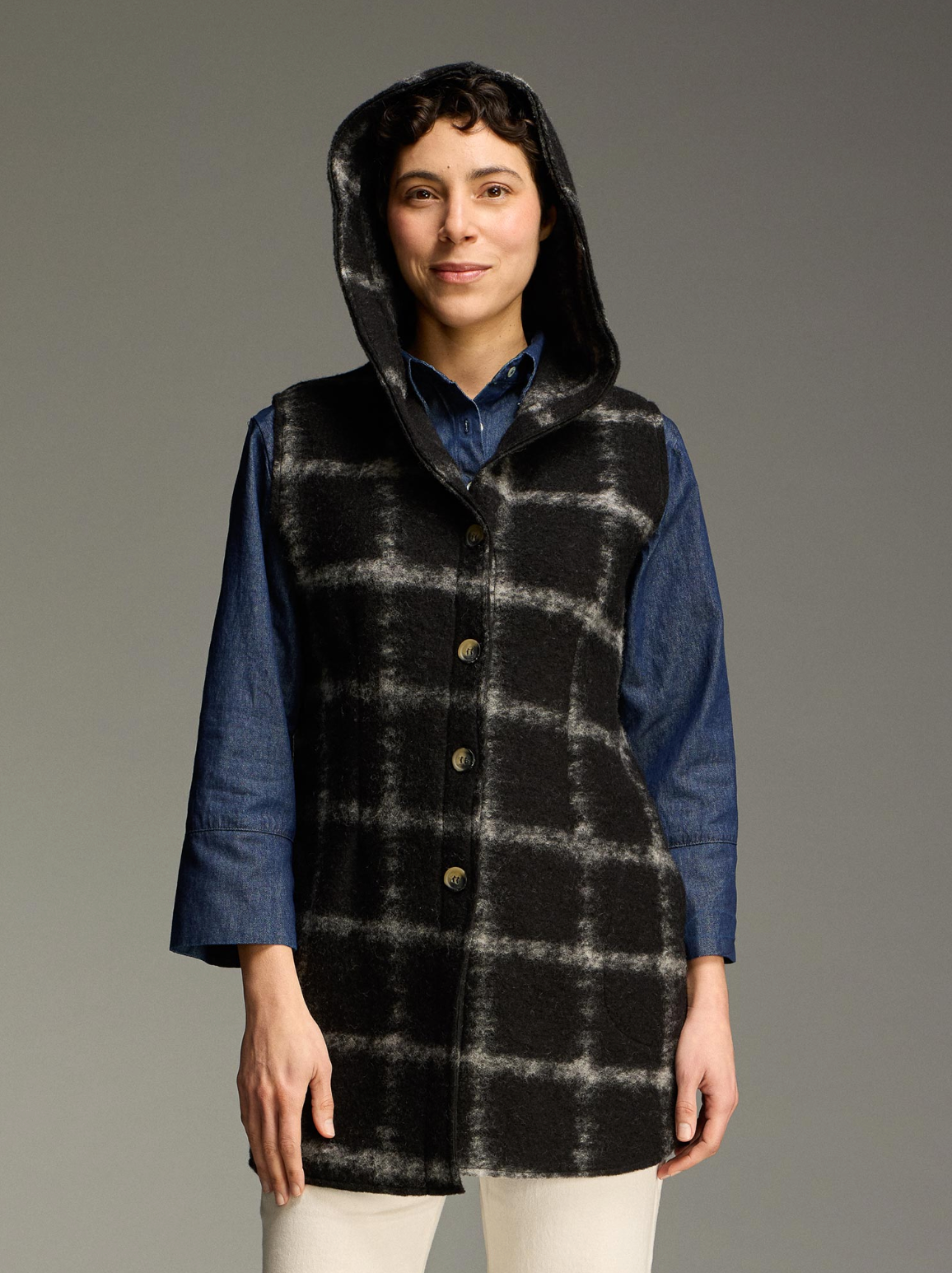 CUT LOOSE Plaid Boiled Wool Hooded Vest - 3715724