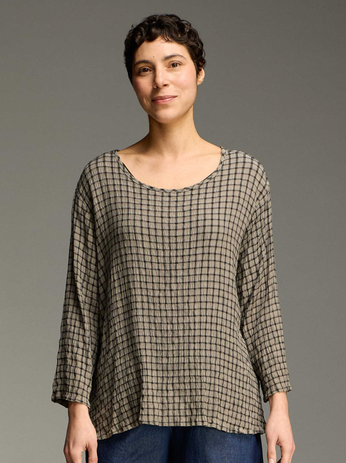 CUT LOOSE B/W Crinkle Plaid 3/4 Sleeve Aline Top - 6827671