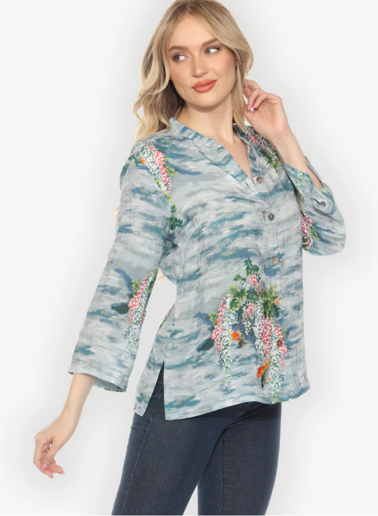 Citron "Water and Koi Classic Citron Silk Blouse" - 1213WAK