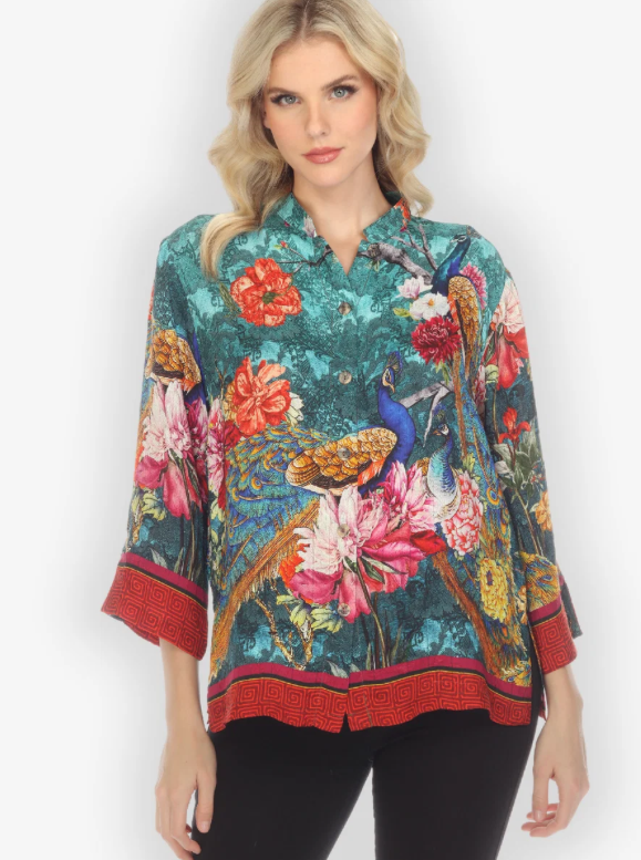 Citron "Flowers and Peacock Feathers Silk Blend Blouse" - 1213FAFP
