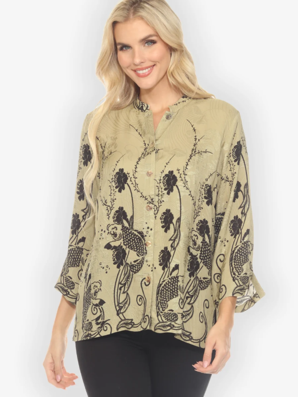 Citron "Graceful Fish Flowers in Khaki Classic Silk Blouse" - 1213SWC-HD