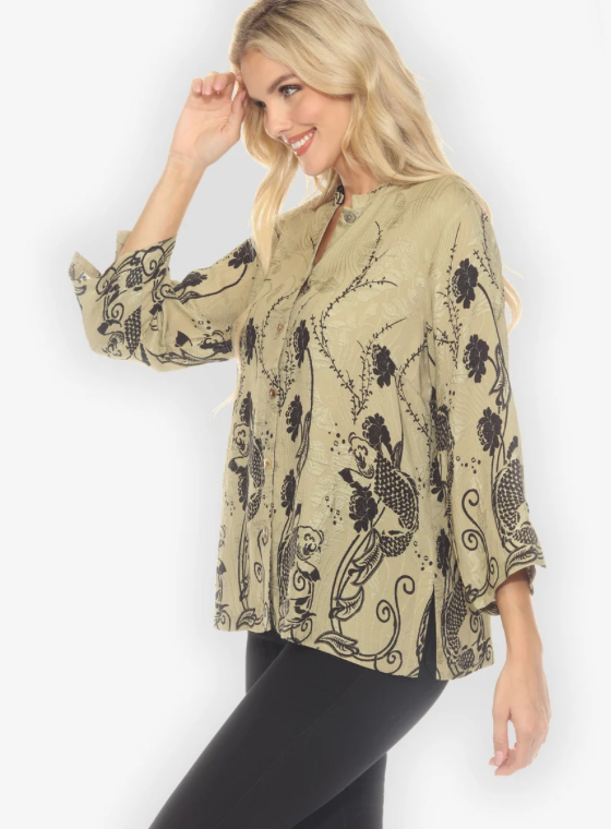 Citron "Graceful Fish Flowers in Khaki Classic Silk Blouse" - 1213SWC-HD