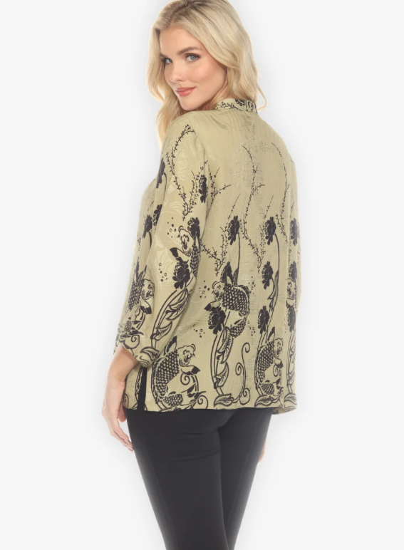 Citron "Graceful Fish Flowers in Khaki Classic Silk Blouse" - 1213SWC-HD