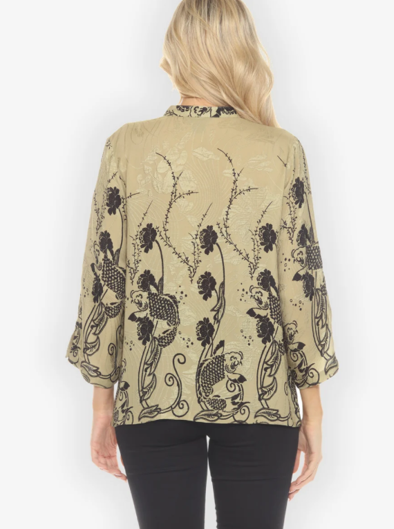 Citron "Graceful Fish Flowers in Khaki Classic Silk Blouse" - 1213SWC-HD