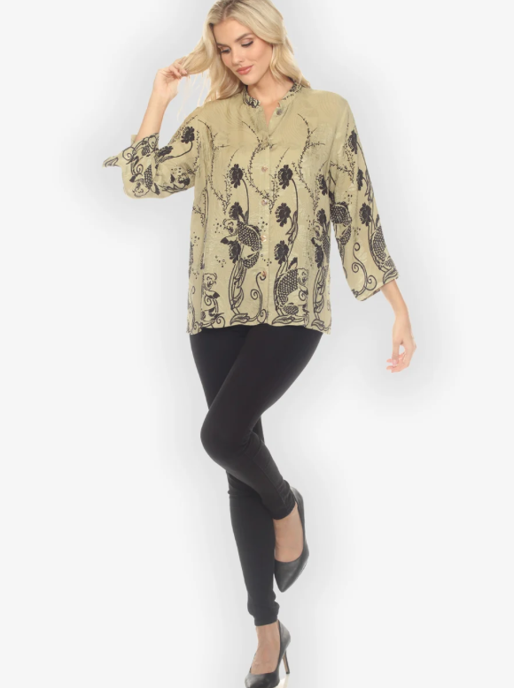Citron "Graceful Fish Flowers in Khaki Classic Silk Blouse" - 1213SWC-HD