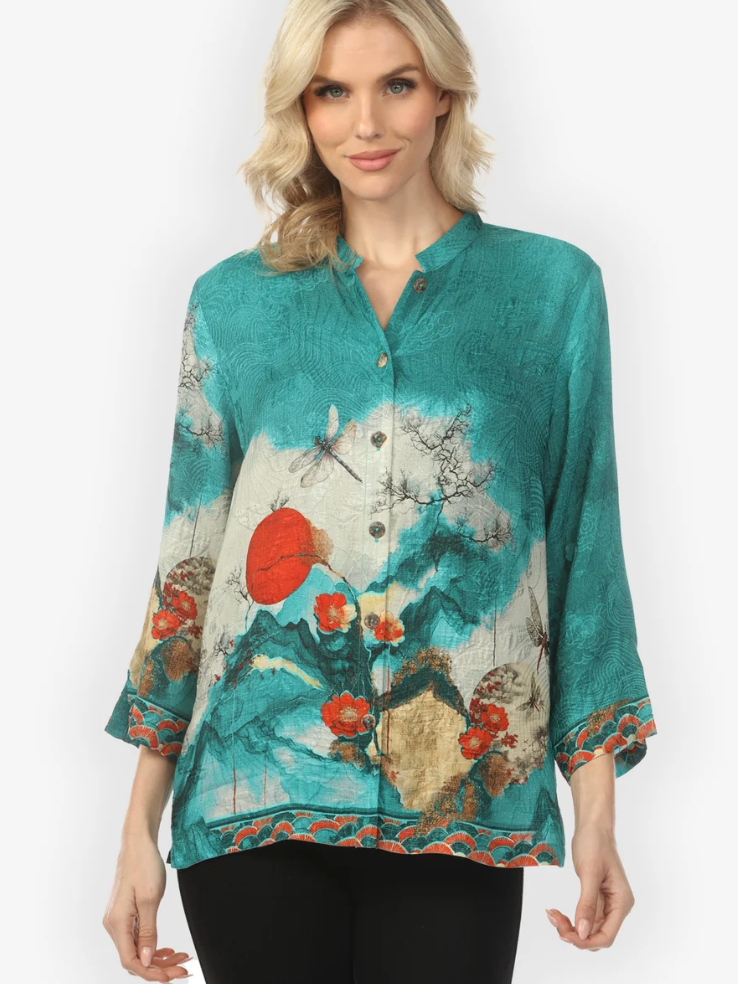 Citron "Blossom and Medallion Dragonfly Mountain in Turquoise Silk Blouse" - 1213BMDMT