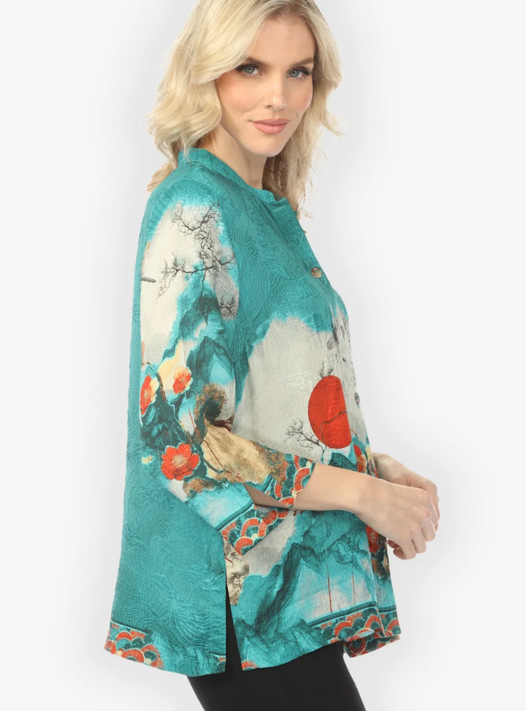 Citron "Blossom and Medallion Dragonfly Mountain in Turquoise Silk Blouse" - 1213BMDMT