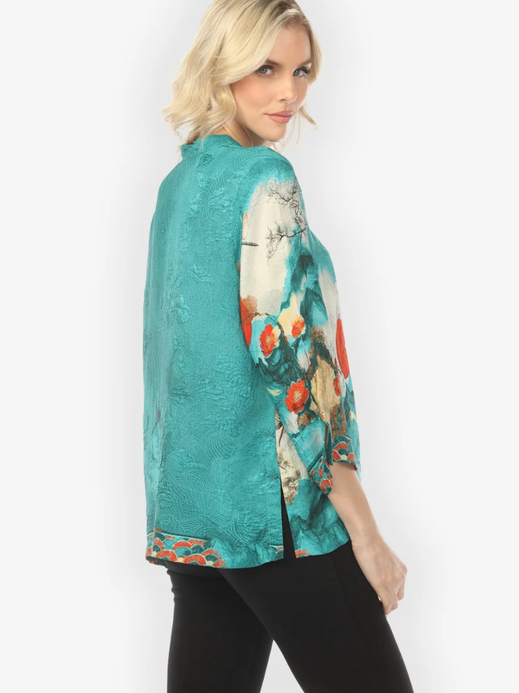 Citron "Blossom and Medallion Dragonfly Mountain in Turquoise Silk Blouse" - 1213BMDMT
