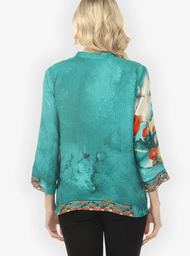 Citron "Blossom and Medallion Dragonfly Mountain in Turquoise Silk Blouse" - 1213BMDMT