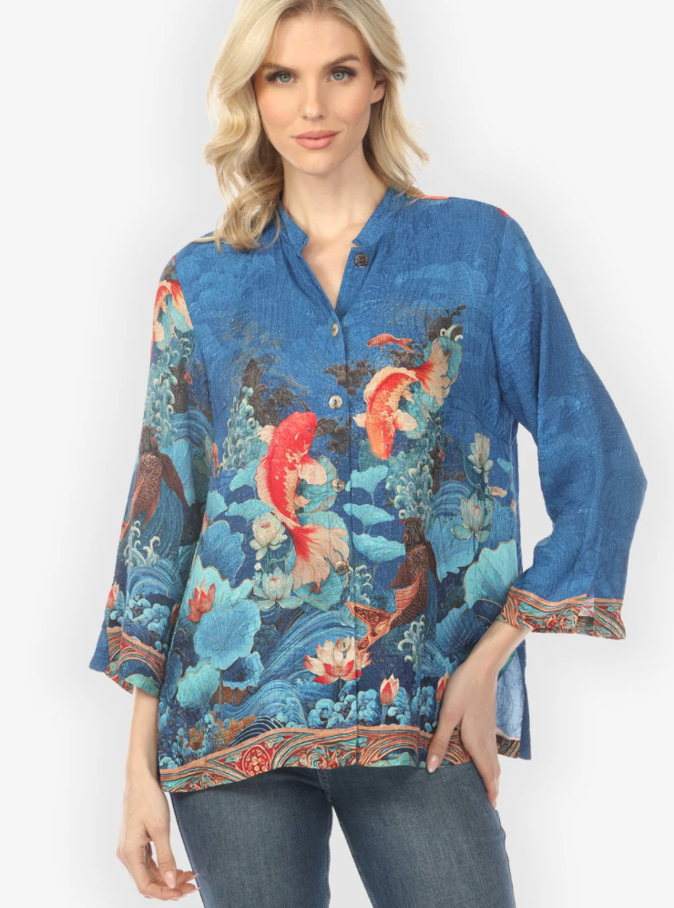 Citron "Koi Fish Sea Wave in Blue Silk Blouse" - 1213KFSWB