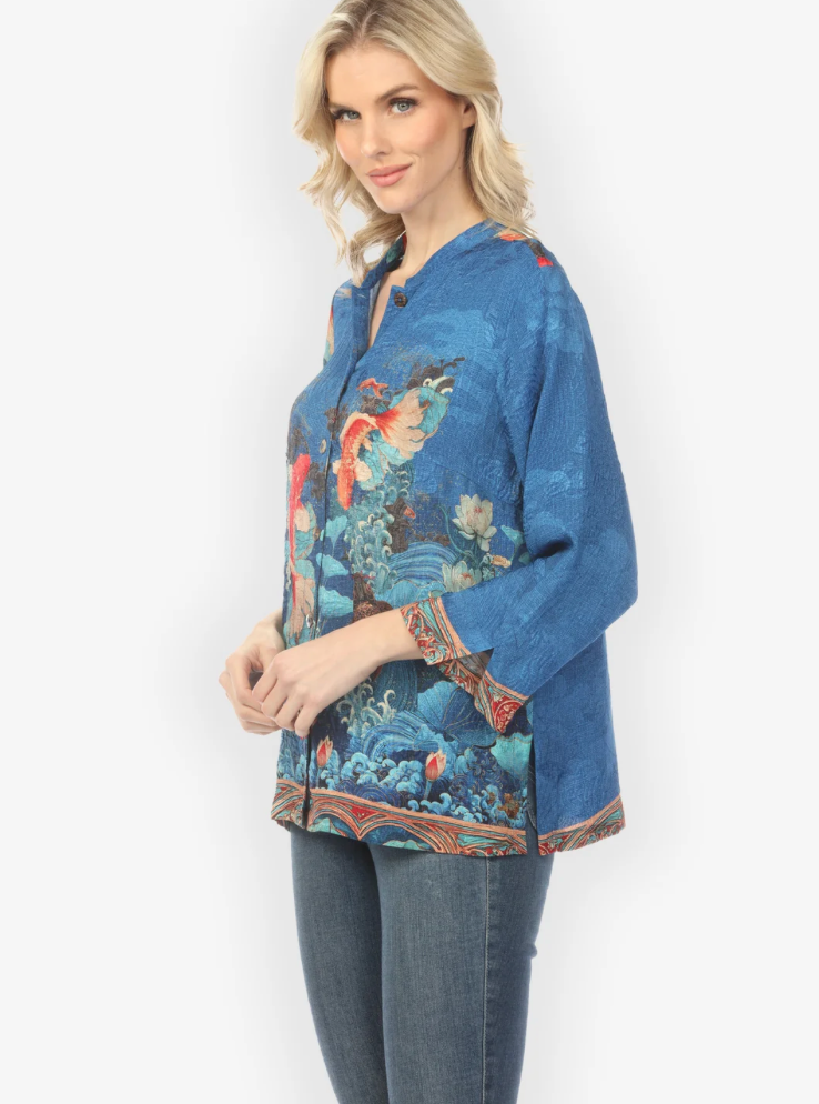 Citron "Koi Fish Sea Wave in Blue Silk Blouse" - 1213KFSWB