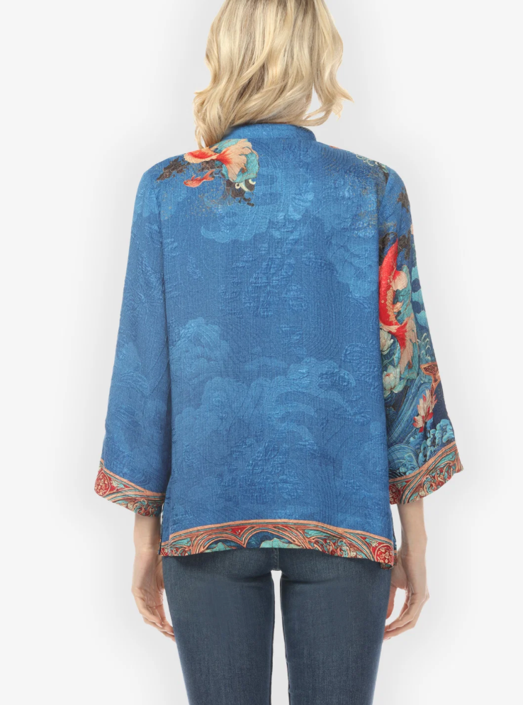 Citron "Koi Fish Sea Wave in Blue Silk Blouse" - 1213KFSWB