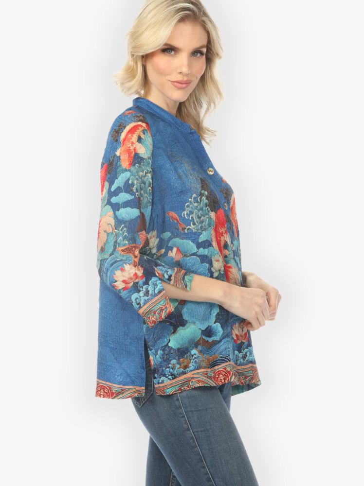 Citron "Koi Fish Sea Wave in Blue Silk Blouse" - 1213KFSWB