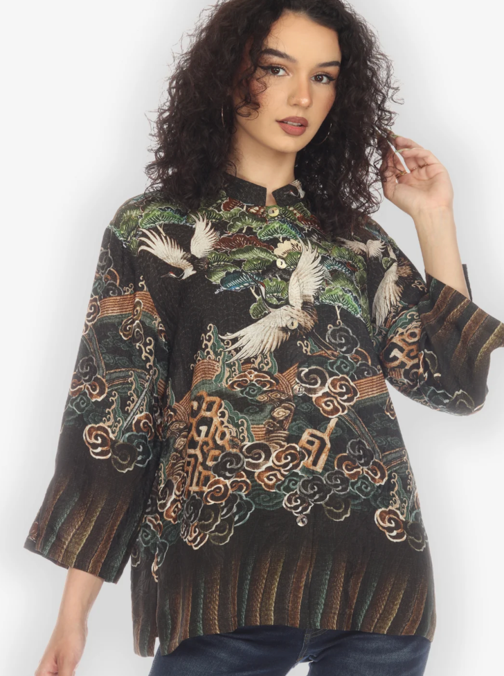 Citron "Geometric Waves Border Silk Blouse" - 1213GWB