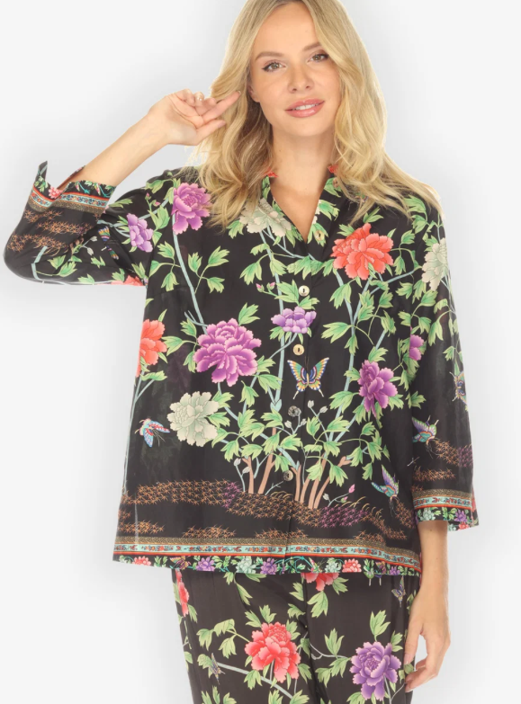 Citron "Border Floral Butterflies in Black Cotton Blouse" - 1213BFBB
