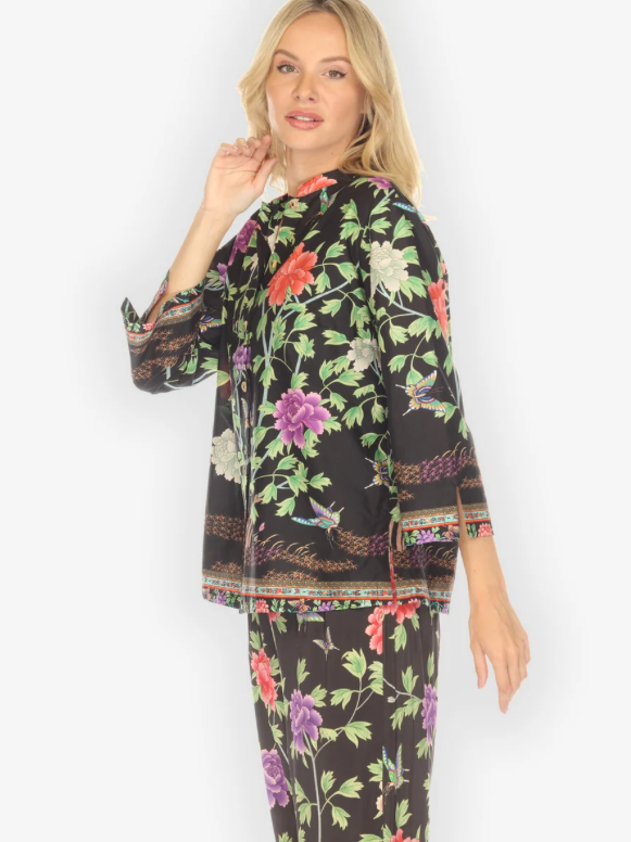 Citron "Border Floral Butterflies in Black Cotton Blouse" - 1213BFBB