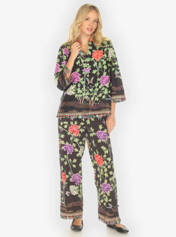 Citron "Border Floral Butterflies in Black Cotton Blouse" - 1213BFBB