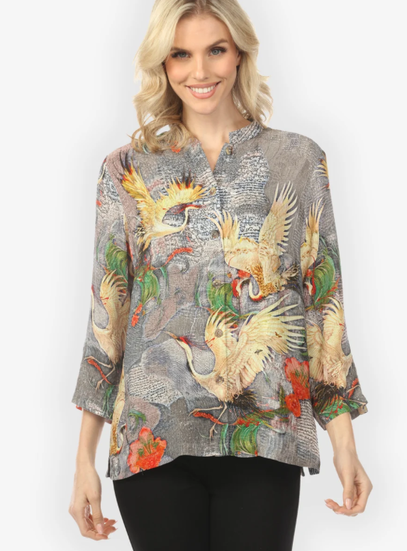 Citron "Blossom and Crane Gray Silk Blouse" - 1213BACG
