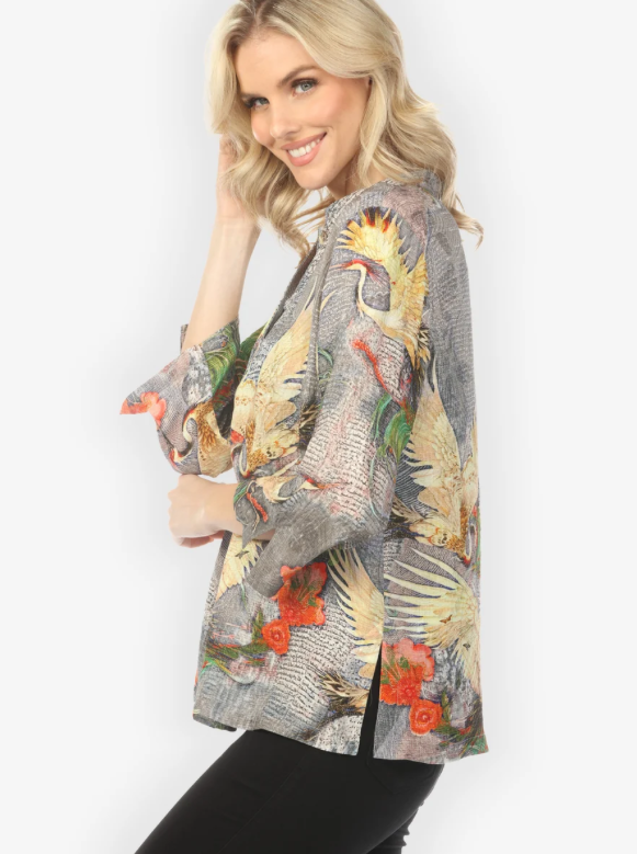 Citron "Blossom and Crane Gray Silk Blouse" - 1213BACG