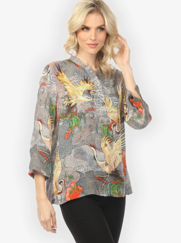 Citron "Blossom and Crane Gray Silk Blouse" - 1213BACG