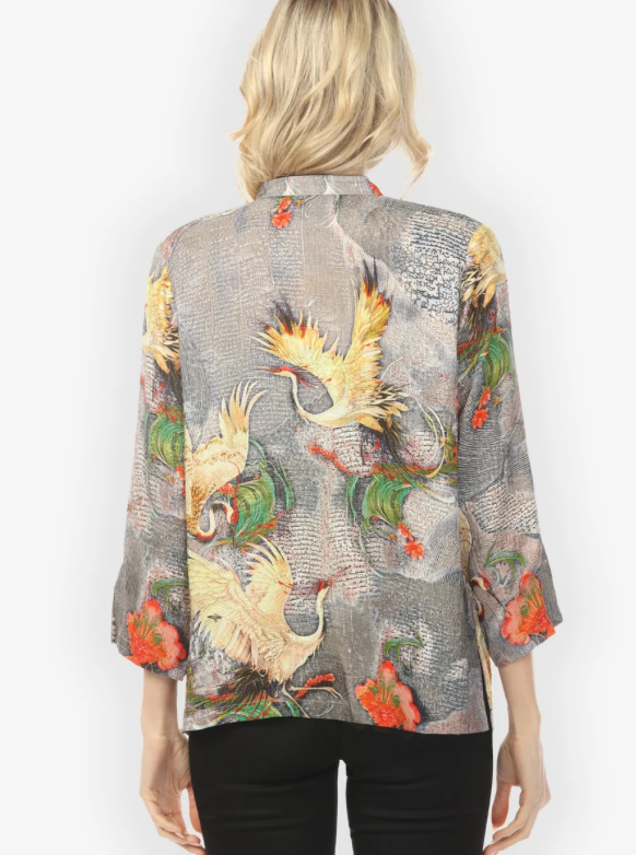 Citron "Blossom and Crane Gray Silk Blouse" - 1213BACG