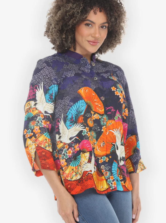Citron "Flower Crane Fans Navy Silk Blouse" - 1213FCFN