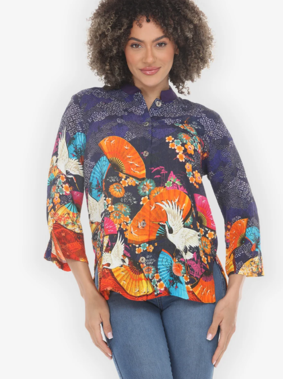 Citron "Flower Crane Fans Navy Silk Blouse" - 1213FCFN